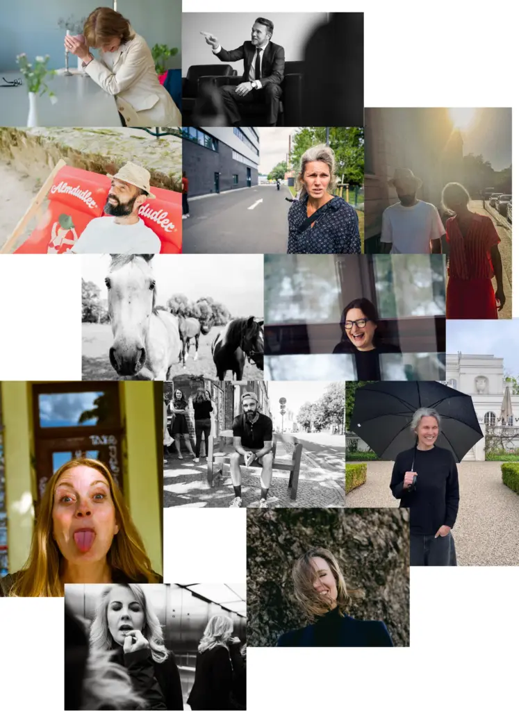 Collage aus mehreren Fotos, die Karoline Wolf und Tino Umlauft bei der Arbeit zeigen zusammen mit lachenden Kunden und Partnern